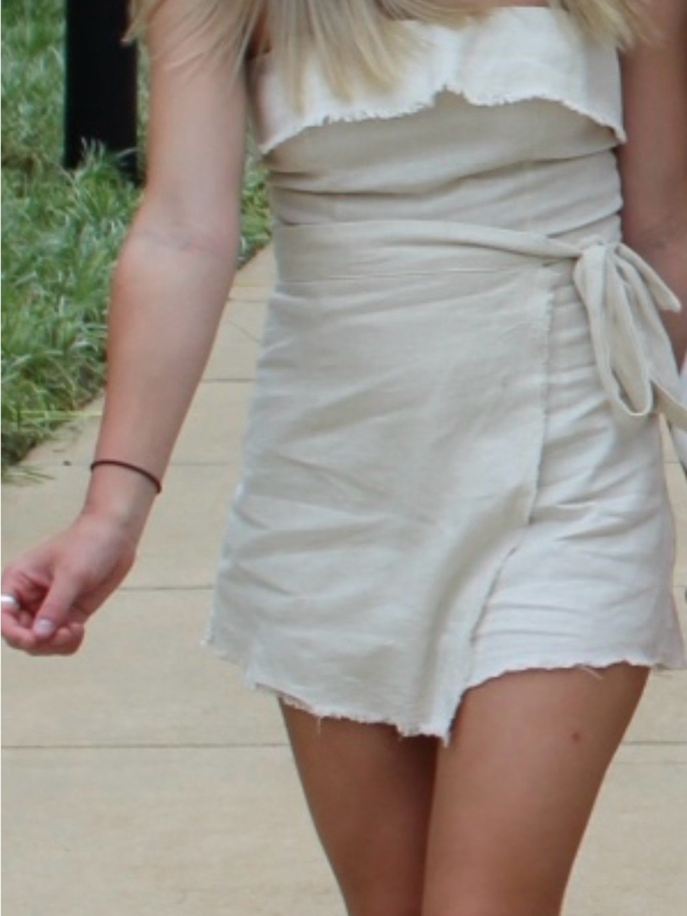 Polly Cream Linen Wrap Mini Skort with Frayed Ruffle and Tie Waist